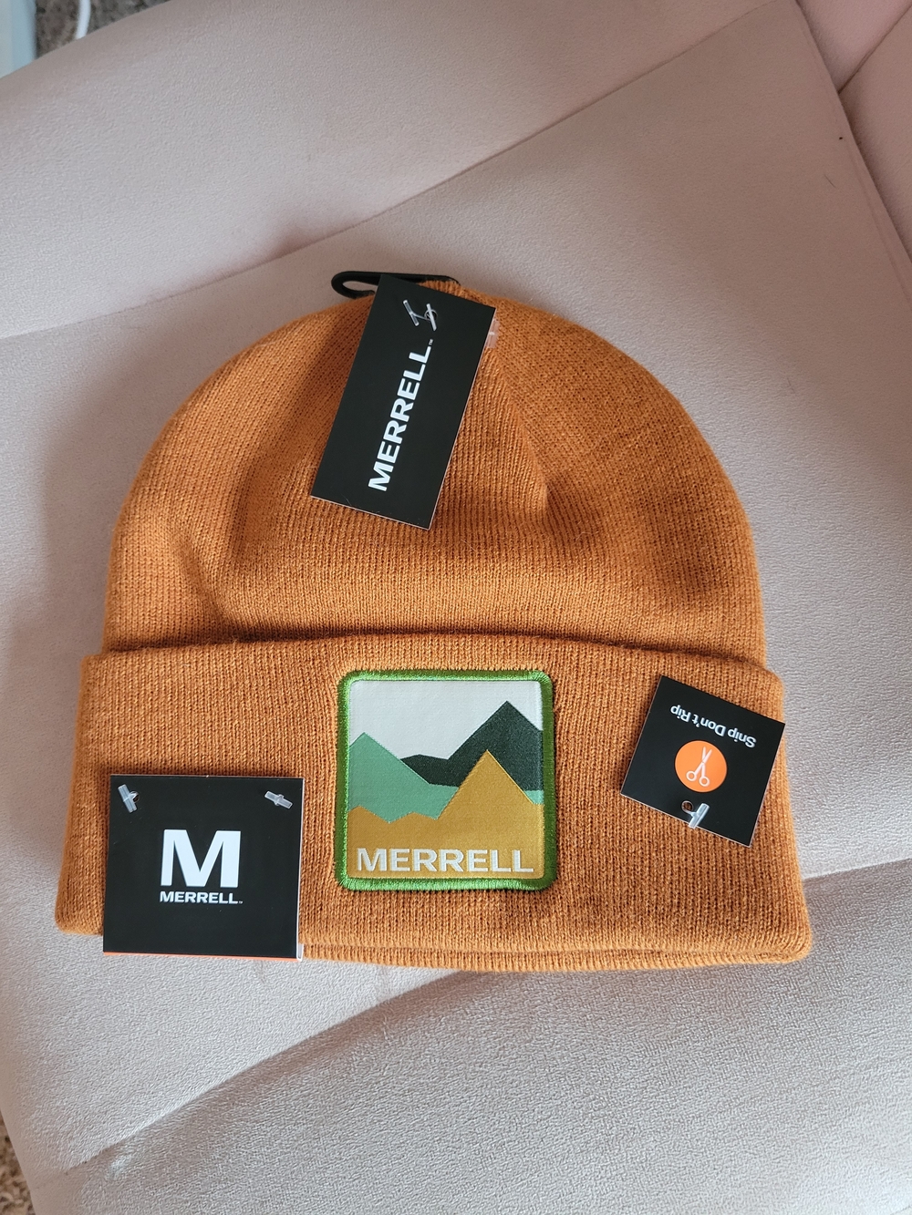 Merrell Rust Orange Knit Cuffed Beanie with Mountain Patch